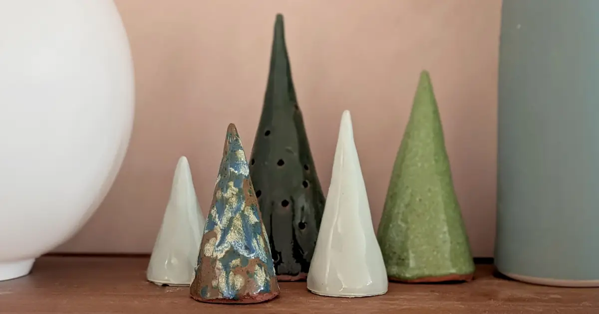 Clay Christmas trees Handmade clay Christmas tree ornaments in green and white glazes